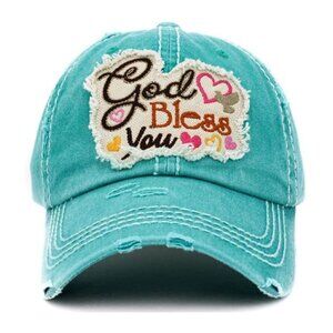 Womens God Bless You Hearts Vintage Ballcap Baseball Cap Hat in Distressed Aqua